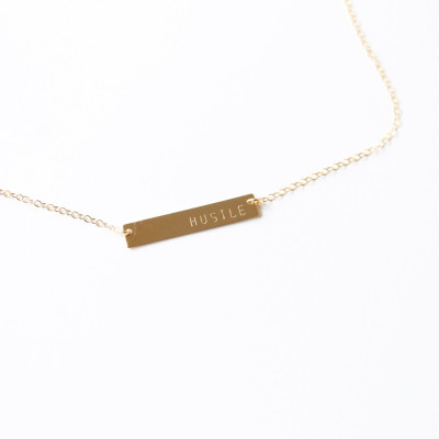 HUSTLE Necklace - Stamped Bar Jewelry - 18k Gold Plated, sterling silver, 18k Rose Gold Plated