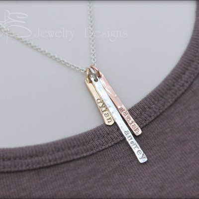 Hand Stamped Bar Necklace - gold silver rose gold vertical bar, skinny bar necklace, mother's necklace, mixed metal