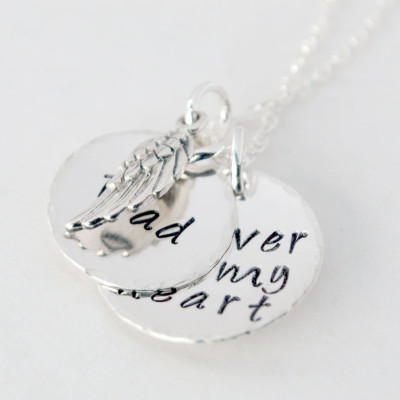 Hand Stamped Memorial Jewelry - Forever in My Heart Necklace - Angel Wing Charm - Bereavement Jewelry Hand Stamped Sterling Silver
