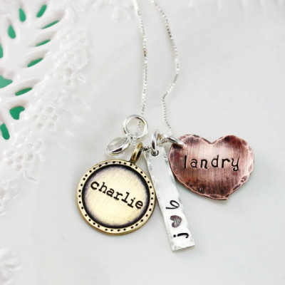 Hand Stamped Mothers Necklace, Name necklace with mixed metals, Sterling Silver, Gold Colored Brass, Copper Necklace, Three Kids