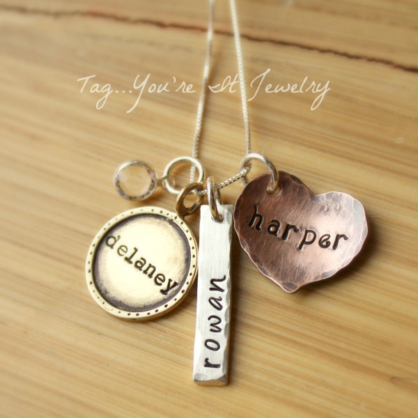 Hand Stamped Mothers Necklace, Name necklace with mixed metals, Sterling Silver, Gold Colored Brass, Copper Necklace, Three Kids