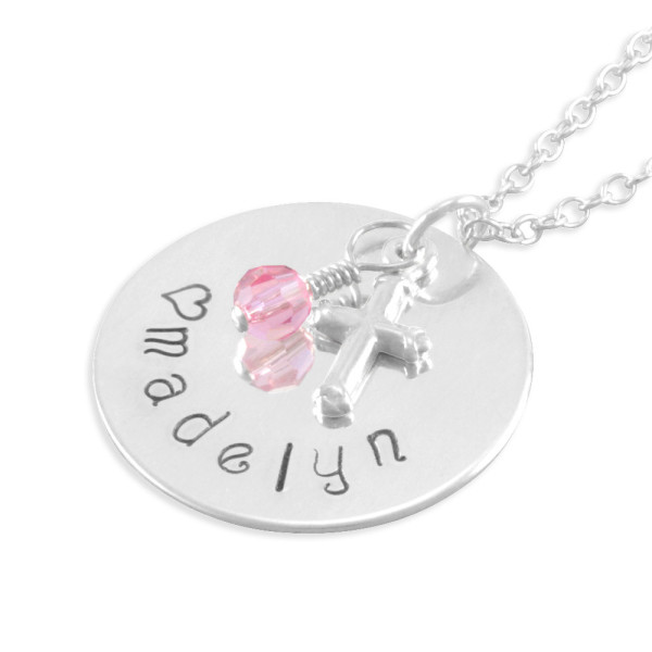 Hand Stamped Name Necklace, little girl gifts, pink, name, cross, personalized baptism necklaces, confirmation gift, niece, birthday MADELYN