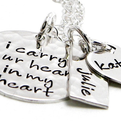 Hand Stamped Necklace - Personalized Sterling Silver - I Carry Your Heart In My Heart