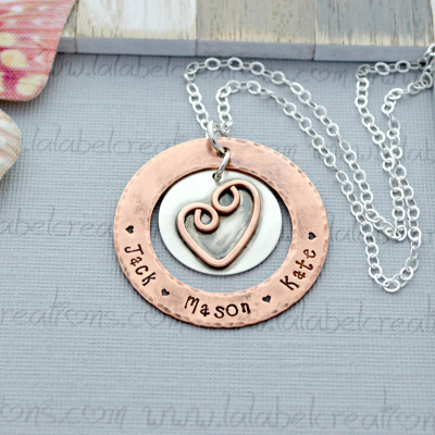 Hand Stamped Necklace, Mothers Personalized Necklace, Copper and Silver Washer Necklace, Personalized Mothers Gift, Metal Stamped Necklace