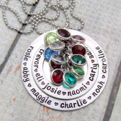 Hand Stamped Necklace, Personalized Necklace, Personalized Birthstone Necklace, Mothers Day Gift, Large Family Necklace Hand Stamped Jewelry