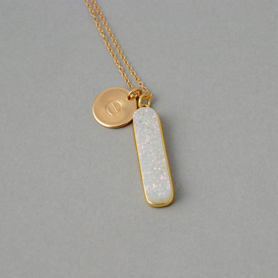 Hand stamped initial Druzy Necklace / Druzy Bar Necklace / Personalized necklace / Gold Initial necklace/ White Druzy / Rainbow Druzy