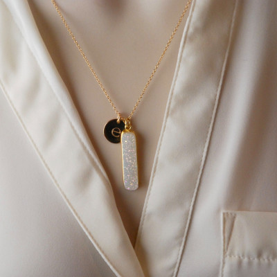 Hand stamped initial Druzy Necklace / Druzy Bar Necklace / Personalized necklace / Gold Initial necklace/ White Druzy / Rainbow Druzy