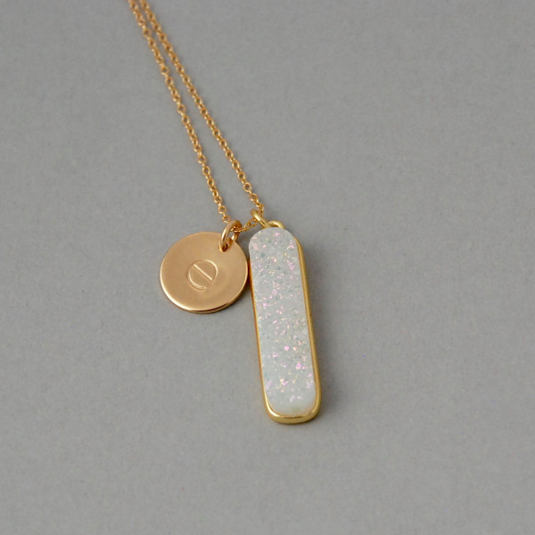 Hand stamped initial Druzy Necklace / Druzy Bar Necklace / Personalized necklace / Gold Initial necklace/ White Druzy / Rainbow Druzy