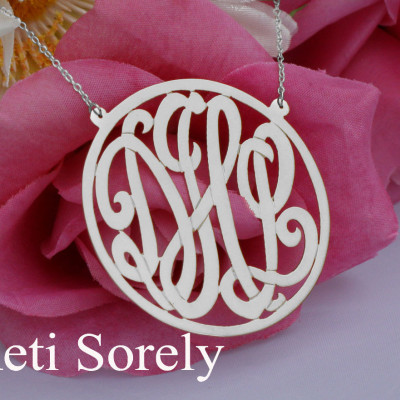 Handmade Round Monogram Necklace with Border - Small To Large Initials (Order Any Initials) - Sterling Silver
