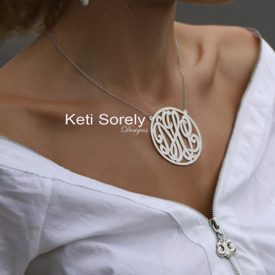 Handmade Round Monogram Necklace with Border - Small To Large Initials (Order Any Initials) - Sterling Silver