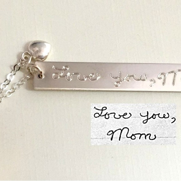 Handwriting Necklace Vertical Bar Sterling Silver Custom handwriting Necklace with heart/ Gold Plated Necklace memorial handwritten jewelry