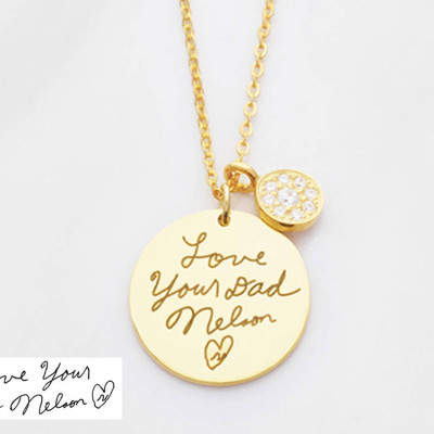 Handwritten Necklace with Button Charm • Custom Handwriting Necklace • Handwritten Jewelry • Signature Disc Necklace • CHN02