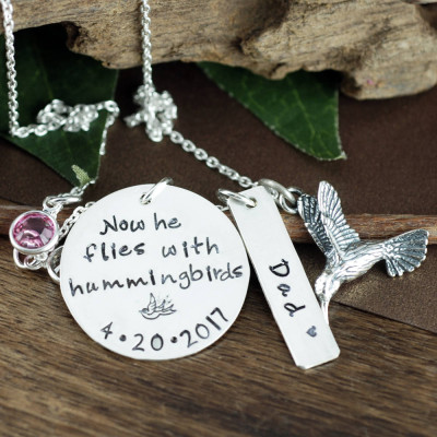Hummingbird Necklace, Memorial Necklace, Hand Stamped Jewelry, Personalized Sympathy Jewelry, Hummingbird Jewelry, Gift for Her, Loss of Dad