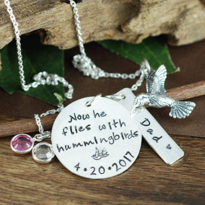 Hummingbird Necklace, Memorial Necklace, Hand Stamped Jewelry, Personalized Sympathy Jewelry, Hummingbird Jewelry, Gift for Her, Loss of Dad