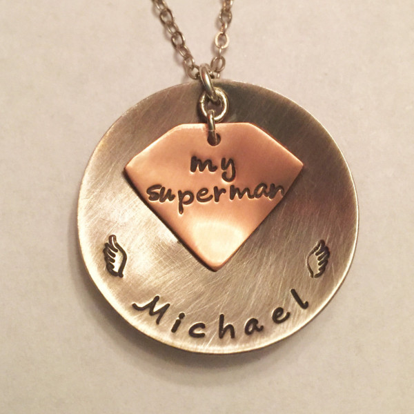 Husband Memorial Superman Necklace (Dad, Grandpa, Son) ~ Large Domed Sterling Silver Pendant ~ Name, Angel Wings & Copper Superhero Logo