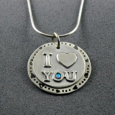 I love you necklace, Love necklace, Charm pendant necklace, sterling silver, Stamped necklace, Heart charm necklace, Valentine's day gift