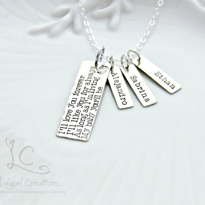 I'll Love You Forever Necklace Sterling Silver Rectangle Charm Necklace Hand Stamped Necklace Personalized Tags Necklace with Kids Names