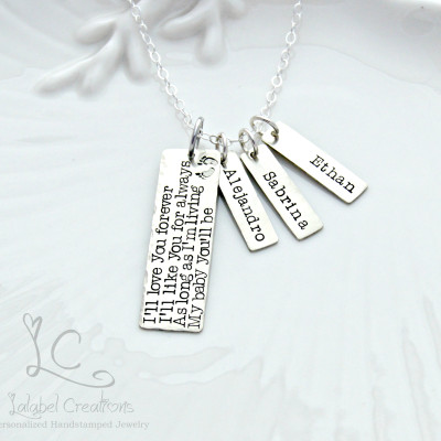 I'll Love You Forever Necklace Sterling Silver Rectangle Charm Necklace Hand Stamped Necklace Personalized Tags Necklace with Kids Names