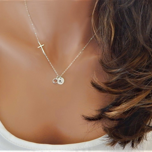 Initial Birthstone Necklace • Sideways Cross • Monogram Letter Mom Jewelry • Girlfriend Sister Gift • Christian Jewelry 