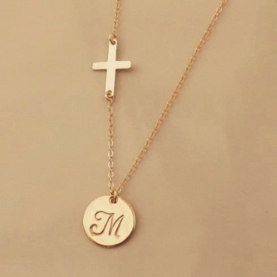 Initial Disc with Cross Necklace, 18kt Gold Plated, Gold Disc, Gold Cross, Personalized Cross Necklace, Jewelry of Faith, Gold Initial Disc