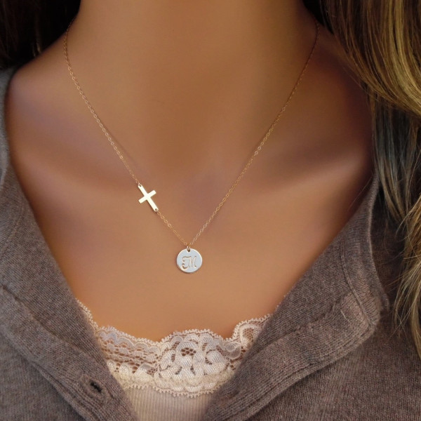 Initial Disc with Cross Necklace, 18kt Gold Plated, Gold Disc, Gold Cross, Personalized Cross Necklace, Jewelry of Faith, Gold Initial Disc