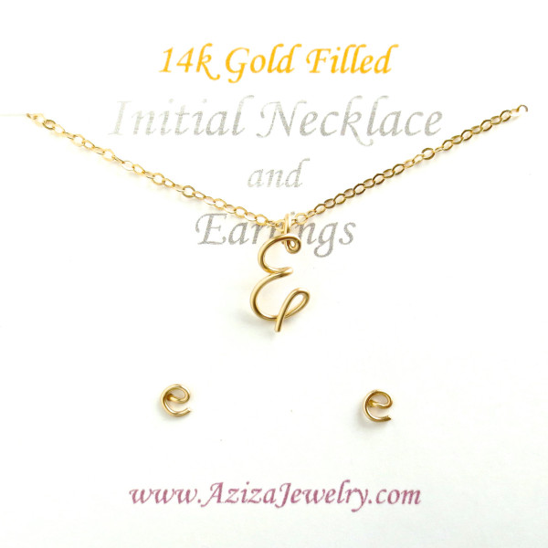 Initial Necklace and Matching Studs Set. Custom 18k Gold Initial Pendant and Post Initial Earrings