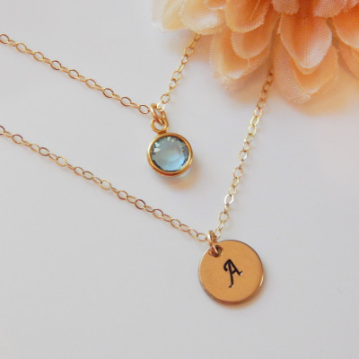 Initial and Birthstone Necklace • Personalized Monogram Gift for Mom Women Girlfriend Sister • Layered Monogram Disc [CUD9] [1719-202 L]