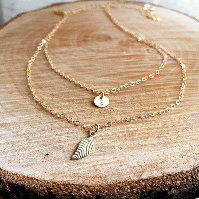Initial and Leaf Charm layered Necklace - Personalized Necklace - Layer Necklace -
