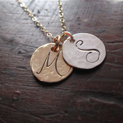 Initials Necklace - 18 kt Solid Gold and Sterling Silver Necklace - Personalized Necklace - Fine Jewelry - Gold Hand stamped Necklace