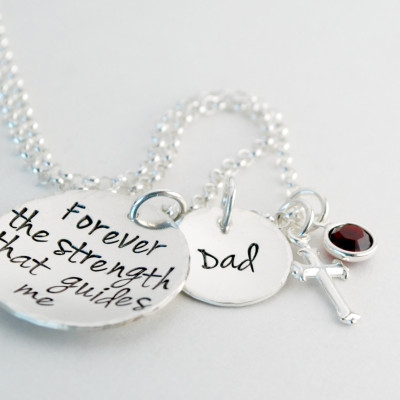 Inspirational Hand Stamped Memorial Jewelry Sterling Silver with Cross Charm and Birth Crystal