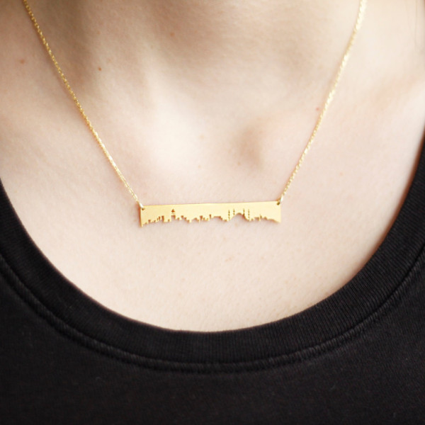 Istanbul Skyline Necklace-Statement Necklace-Matte Gold Plated Brass