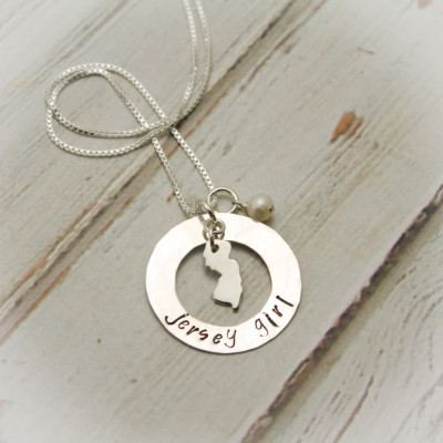Jersey Girl Washer Necklace with Pearl or Birthstone Personalized Hand Stamped Jewelry