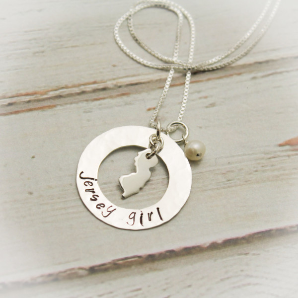 Jersey Girl Washer Necklace with Pearl or Birthstone Personalized Hand Stamped Jewelry