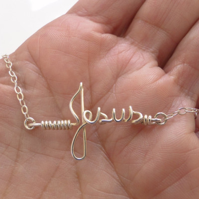 Jesus Necklace, Silver Cross Necklace, Jesus Cross Necklace, Sideway Cross Necklace, Name Necklace, Christian Necklace, Christian Pendant