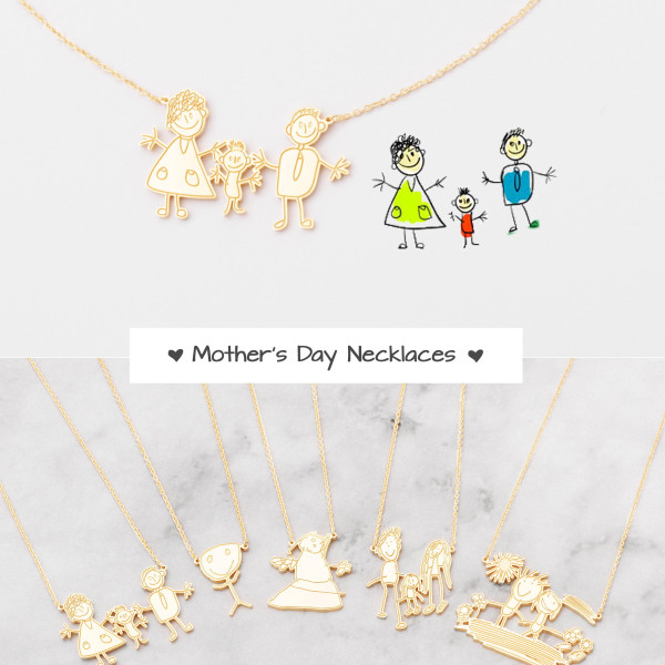 Kids' Drawing Necklaces - Engraved Children Artwork - Happy Mother's Day Jewelry - Special Jewelry for Moms - Gifts for Moms - #PN02DRE