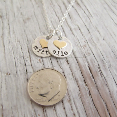 Kids Name Necklace, Hand Stamped, Sterling Silver, Hammered, Gold Hearts, Personalized, Mother's Necklace