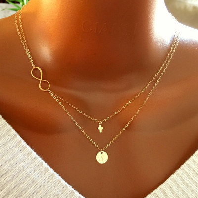 Layered Infinity tiny cross and disc necklace, All 18k Gold Plated, personalized letter, personalized gift