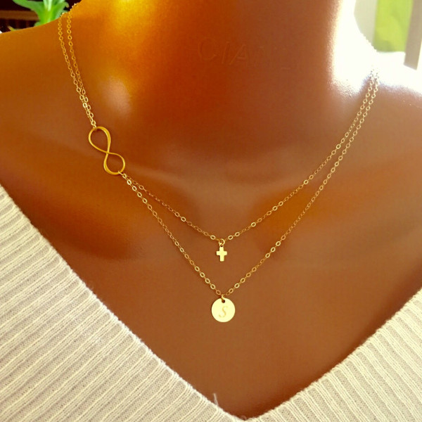 Layered Infinity tiny cross and disc necklace, All 18k Gold Plated, personalized letter, personalized gift