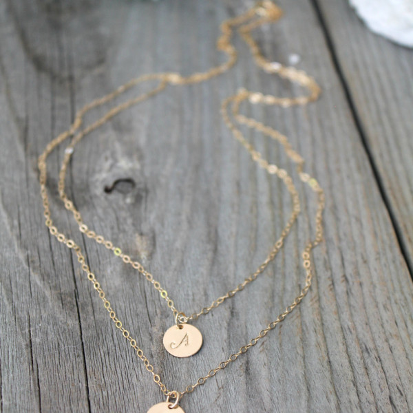 Layered Initial Necklace, All 18k Gold Plated, two personalized discs, double Monogram, letter A B C D E F G H I J K L M N O P R Mom, mother