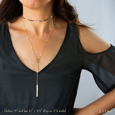 Layered Necklaces with Choker and Lariat Necklace, Y Necklace, Bar Necklace, Choker Necklace, Silver, Gold Plated, Rose Gold Plated CcYB438