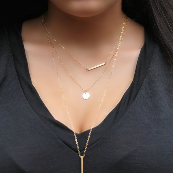 Layered SET of Two necklaces, horizontal bar &, Initial disc, 18kt Gold Plated personalized stamped tag, 2 chains, custom Monogram Letter