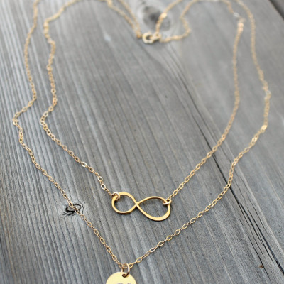 Layered infinity and Initial Necklace, 18kt Gold Plated personalized stamped disc Double chain Monogram Letter, 18k gold vermeil, two chains