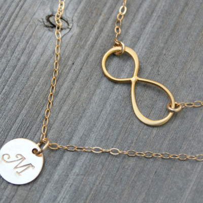 Layered infinity and Initial Necklace, 18kt Gold Plated personalized stamped disc Double chain Monogram Letter, 18k gold vermeil, two chains