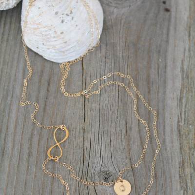 Layered infinity and Initials Necklace, 18kt Gold Plated two personalized discs, double Monogram, letter, 18k gold vermeil