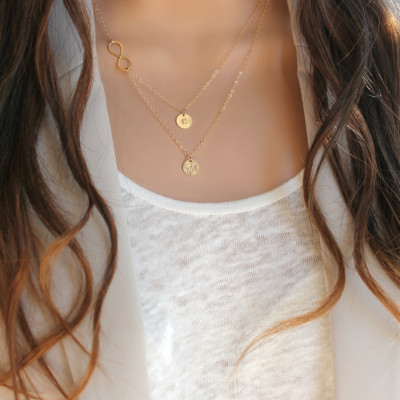 Layered infinity and Initials Necklace, 18kt Gold Plated two personalized discs, double Monogram, letter, 18k gold vermeil
