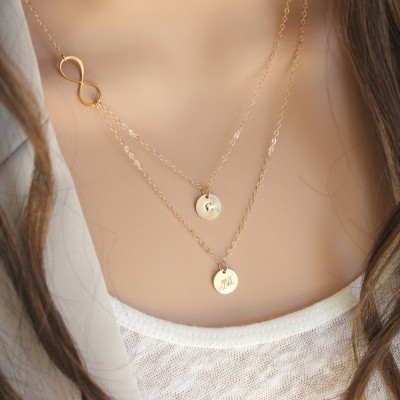 Layered infinity and Initials Necklace, 18kt Gold Plated two personalized discs, double Monogram, letter, 18k gold vermeil, multi strand