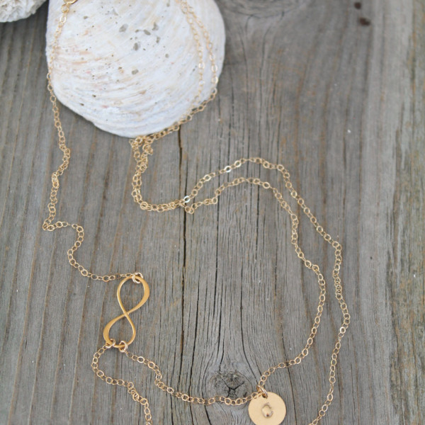 Layered infinity and Initials Necklace, 18kt Gold Plated two personalized discs, double Monogram, letter, 18k gold vermeil, multi strand