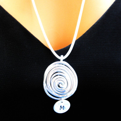 Leather Necklace, Silver Spiral Pendant, Black Leather Necklace, Initial necklace, Black Leather Necklace Silver Pendant, Handmade Necklace,