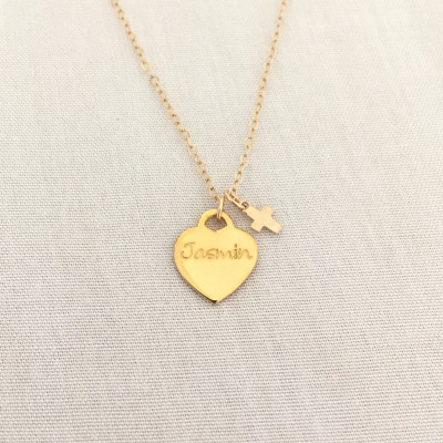 Little Girl Cross Necklace, Rose Gold Heart, Baptism Gift, Tiny Cross, Confirmation Necklace, First Communion Gift, Goddaughter Gift