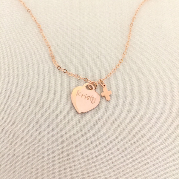 Little Girl Cross Necklace, Rose Gold Heart, Baptism Gift, Tiny Cross, Confirmation Necklace, First Communion Gift, Goddaughter Gift